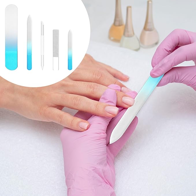 Crystal Nail File Set - 5 Pcs Nano Shiner Files, Glass Nail File, Cuticle Pusher, Buffer and Foot File