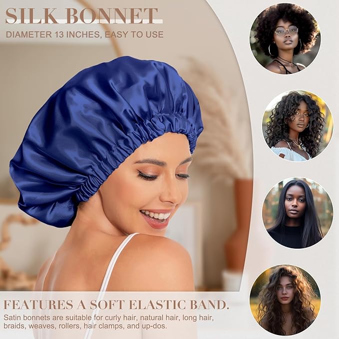 Satin Bonnet Silk Bonnet Hair Bonnet for Sleeping-Slouchy Beanie Hat Satin Sleep Cap for Women's Natural & Curly Hair(Black&Navy)