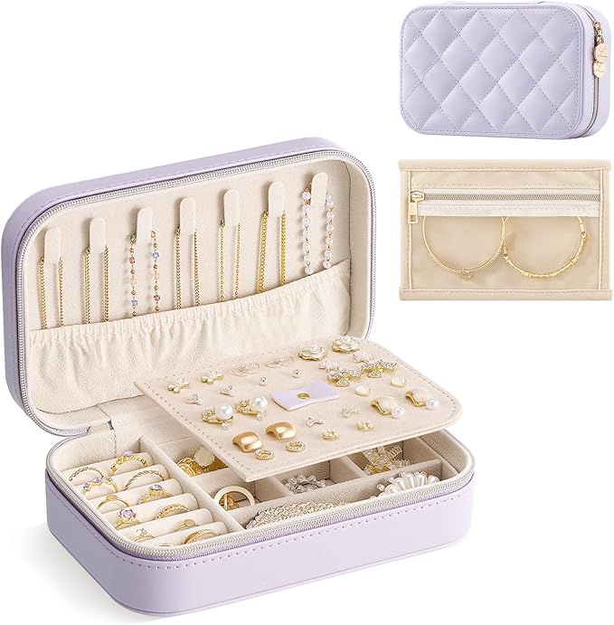 Lolalet Travel Jewelry Case for Women Girls, Travel Jewelry Organizer with Clear Storage Bag Small Portable Jewelry Box for Necklace Bracelet Earring Ring Birthday Bridesmaid Gifts -Medium/Purple