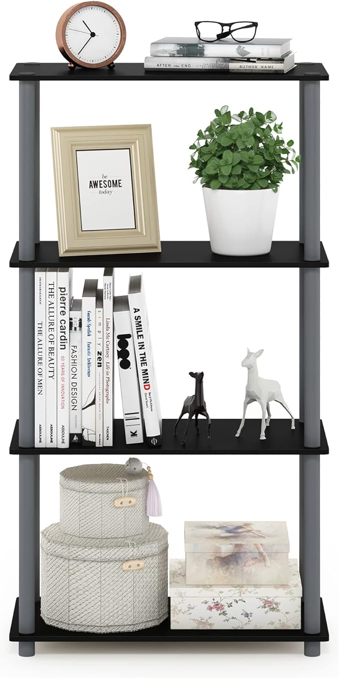 Furinno TURN-N-TUBE Storage Shelves, 4-Tier Toolless Book Shelf, Corner Shelf, Toolless Open Shelves, for Organization and Storage, Living Room, Garage, Home Office, Black