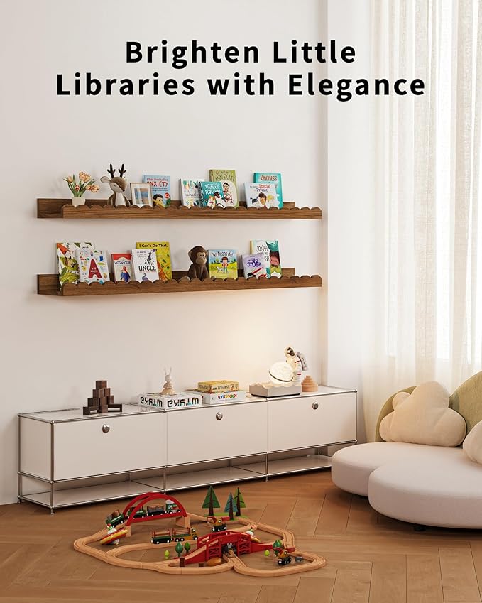 Shario Nursery Book Shelves, 4-Pack White Floating Shelves for Wall Kids, Scalloped Shelves, Wall Book Shelves for Bedroom Kids, Toddler Room, Baby Room, Nursery Decor (Walnut Brown, 36 Inches)