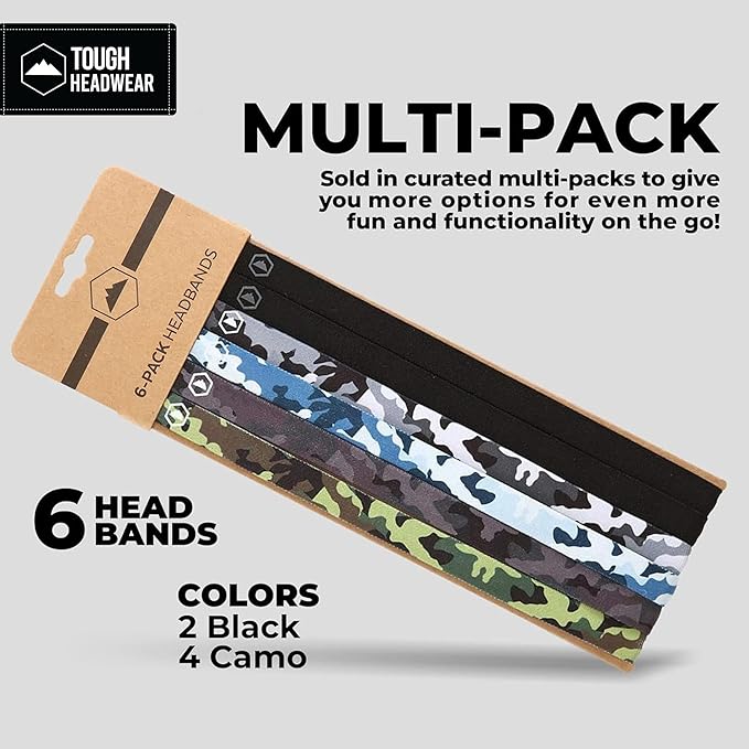 Tough Headwear Thin Elastic Headbands - Sports Headbands for Women & Men - Mens Workout Headband - Running or Soccer Headband