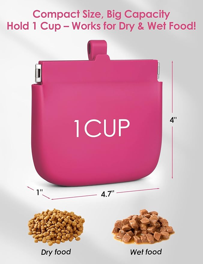 RBibei【One-Hand Access Silicone Dog Treat Pouch, Small Pocket Sized Training Pouch with Pull Tab & Auto Closing Lid for Easy Pet Training & Walking (Hot Pink)