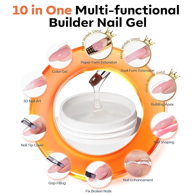 modelones Builder Nail Gel 3 Colors French Tip, 10-in-One Builder Clear Nude Pink Hard Gel Nail Kit with Dual End Brush, Acrylic Clamps, Paper Forms for Extension Apex Building Sculpting LED Cured
