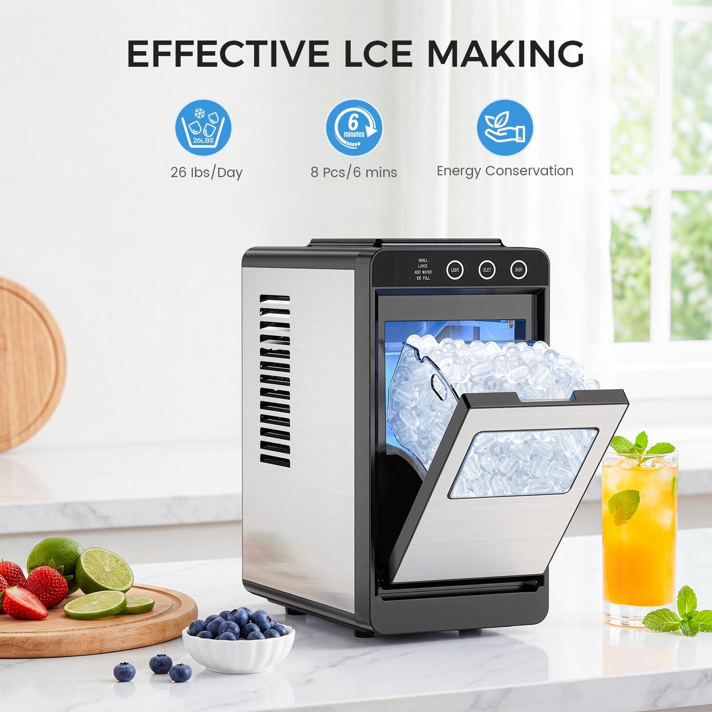 COWSAR Ice Maker Countertop, Portable Ice Machine with Self-Cleaning, 8 Cubes in 6 Mins, 26 lbs/24Hrs, Quiet Commercial Compact Ice Machine for Home, Camping, Bar, Sliver
