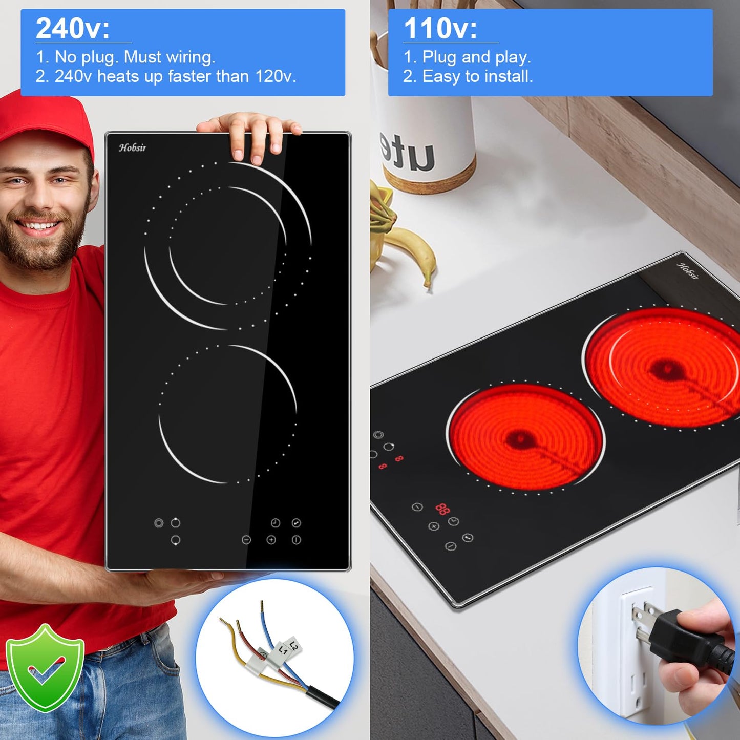 Hobsir hob 2 Burners Electric Cooktop, 12 inch Electric Stove Top Burner, Built-in Ceramic Stove with Touch Control, Timer, Safety Lock, 9 Power Levels 3200W, 220V-240V Hard Wire (No Plug)