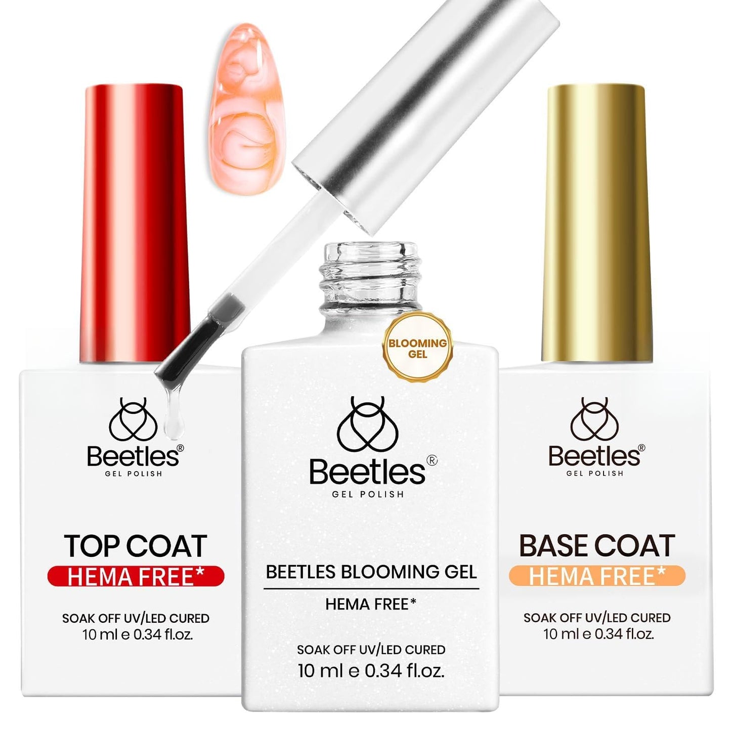 Beetles 10ml Blooming Gel & Base Top Coat HEMA Free, 3PCS Fast Blooming Effect Long Lasting No Wipe Soak Off Low-Sensitivity Safe Formula for UV LED Nail Art Gifts for Women