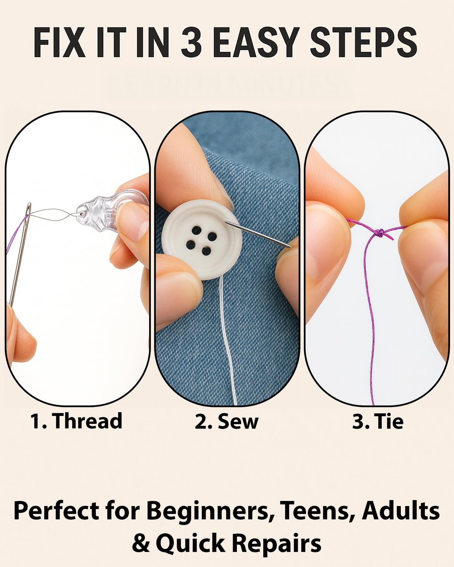 Easy to Use Light Grey Sewing Kit - Christmas Gifts for Girls, Teens, Moms & Kids - Beginner Hand Sew Kit for Clothing Repairs. Includes 30 Needles, Thread, and All Essential Supplies for Small Fixes
