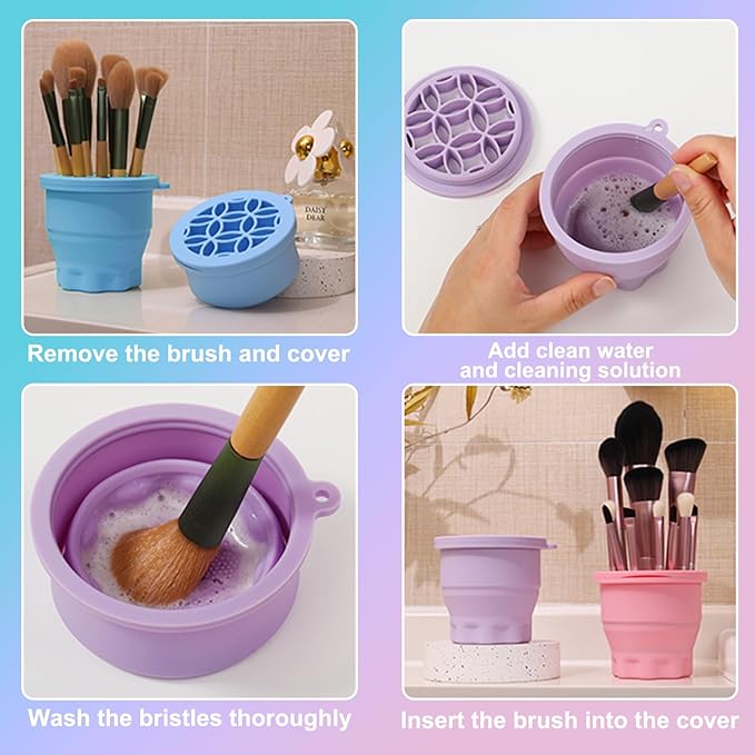 Makeup Brushes Cleaner Mat with Brush Storage Holder, Folding Portable Washing Tool for Makeup Brush Cleaning, 2 In 1 Silicone Brush Cleaner Pad & Cosmetic Brush Organizer Rack (Blue)