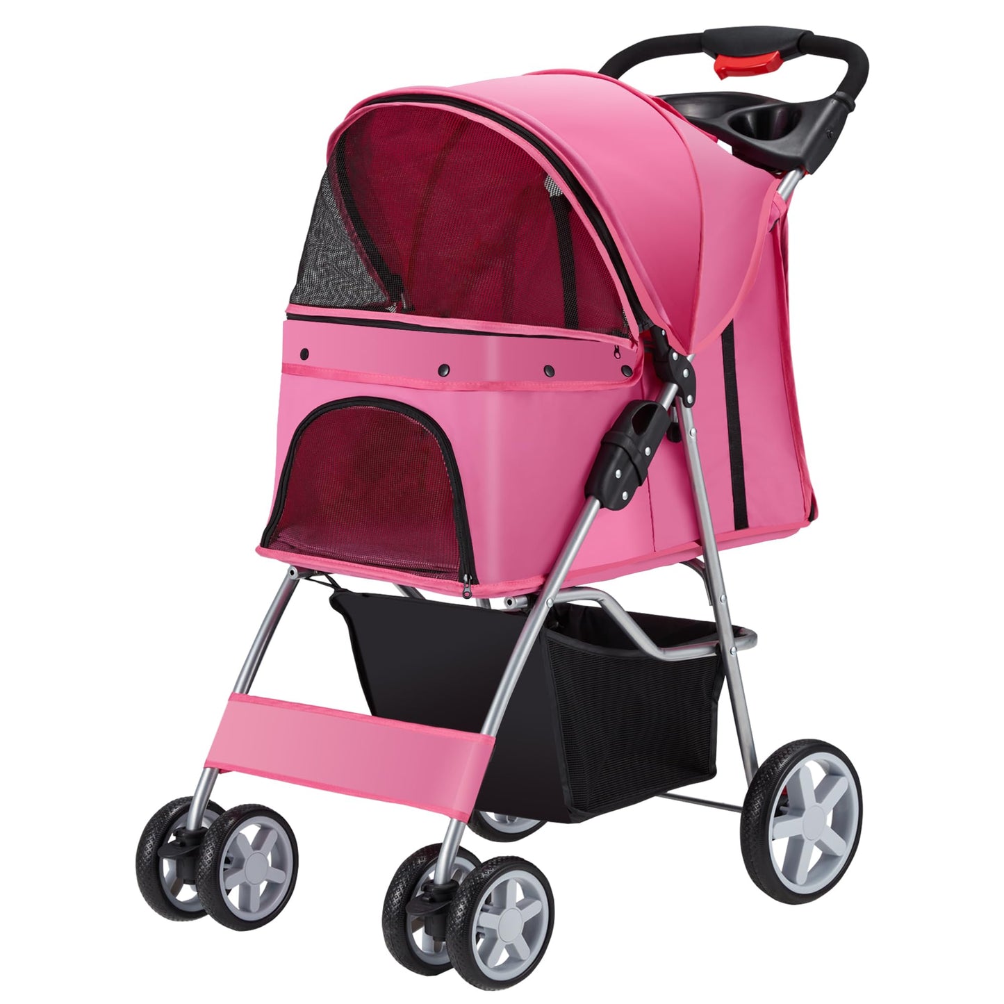 Azaeahom Pet Stroller, 4 Wheels Pet Strolling Cart for Medium/Small Dogs and Cats, Foldable Cat Jogger/Dog Stroller with Cup Holder, Storage Basket, Breathable Mesh, All-Season Pet Carrier, Pink