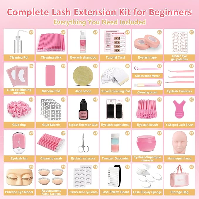 VISCOO Upgraded Eyelash Extension Kit for Beginners, Lash Extension Kit with Mannequin Head, Eye Model with Replacement False Lashes,Lash Starter Kit with Fan,Extension Glue and Remover for Training