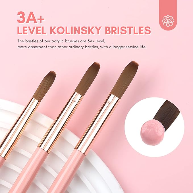 SAVILAND 3PCS Acrylic Nail Brush Set: Size 8/10/14 Kolinsky Acrylic Nail Brushes for Application, Pink Handle Professional Acrylics Powder Brushes for Nails Extension & 3D Nails Carving