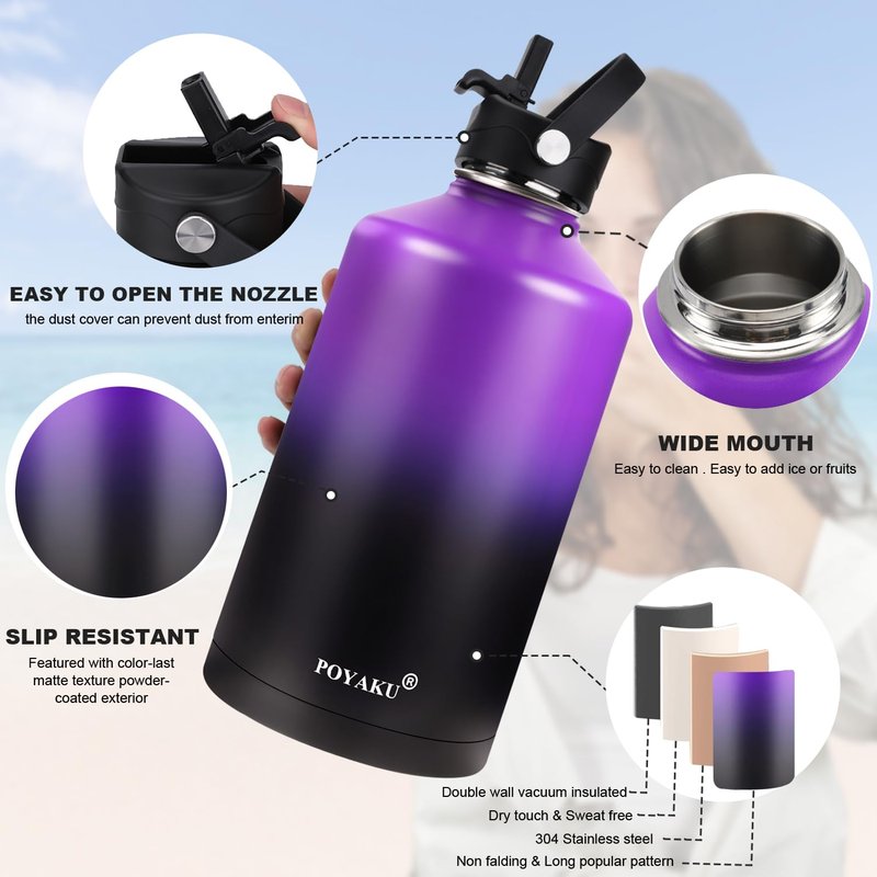 Water Bottle Insulated 32oz 40oz 64oz 128oz Straw Lid Spout Lid & 3 Lids, Leak Proof, Vacuum Insulated,Stainless Steel Water Bottle Wide Mouth for Sports, Gym or Office (Purple Black, 128 oz)
