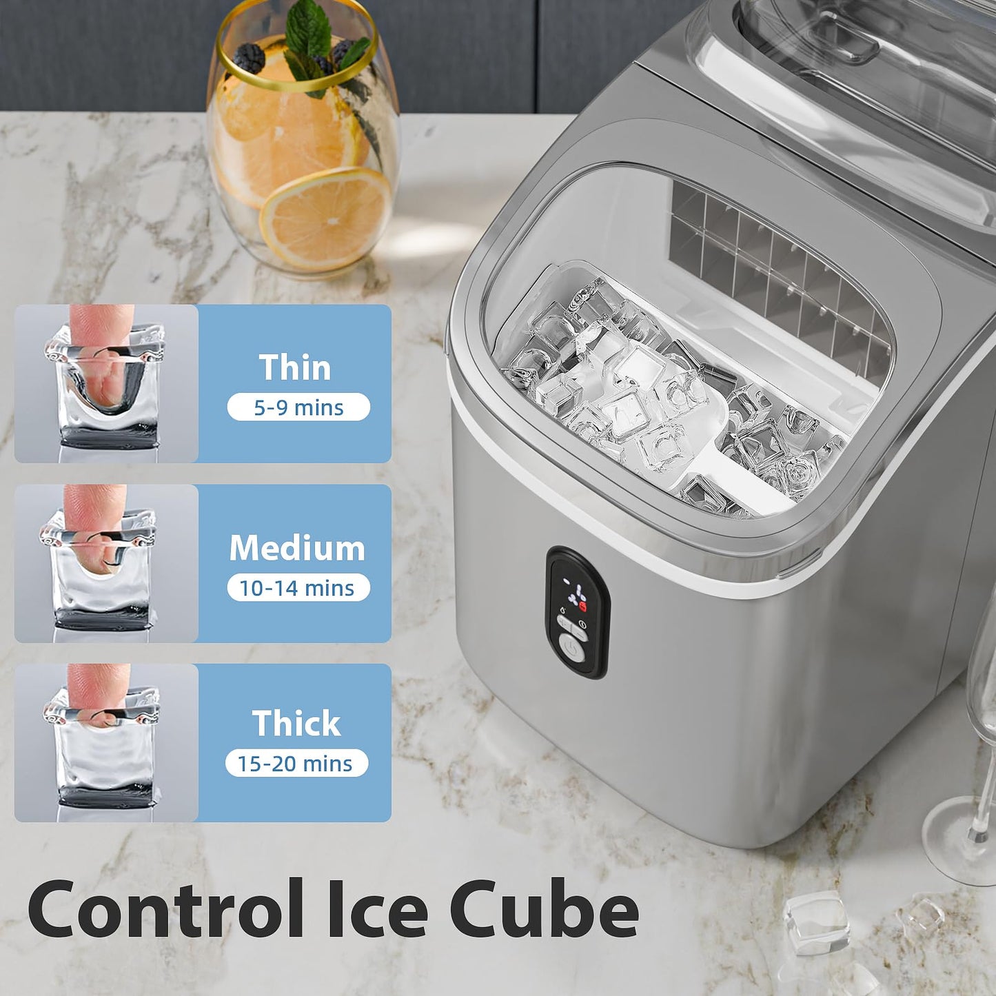Electactic Countertop Ice Cube Maker Machine with External Water Tank,16Pcs/5Mins,34Lbs/Day,2 Ways to Add Water,Portable Compact Small Ice Maker with Self-Cleaning,Perfect for Home/Kitchen/Camping/RV