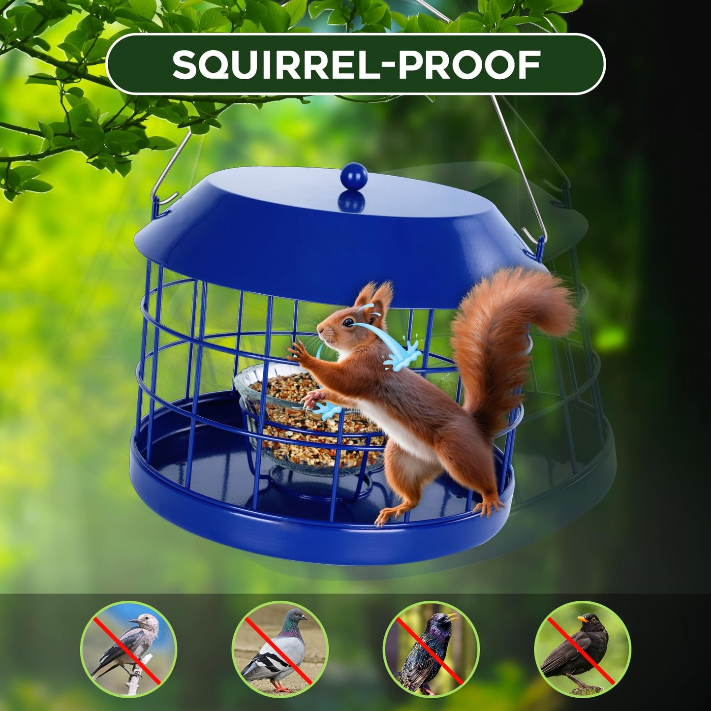Gbekery Caged Bluebird Feeder for Mealworms with Glass Bowl, Squirrel Proof Bird Feeder for Small Birds Only, Detachable Hook, Large Space, Outdoors Weatherproof, Metal, Blue