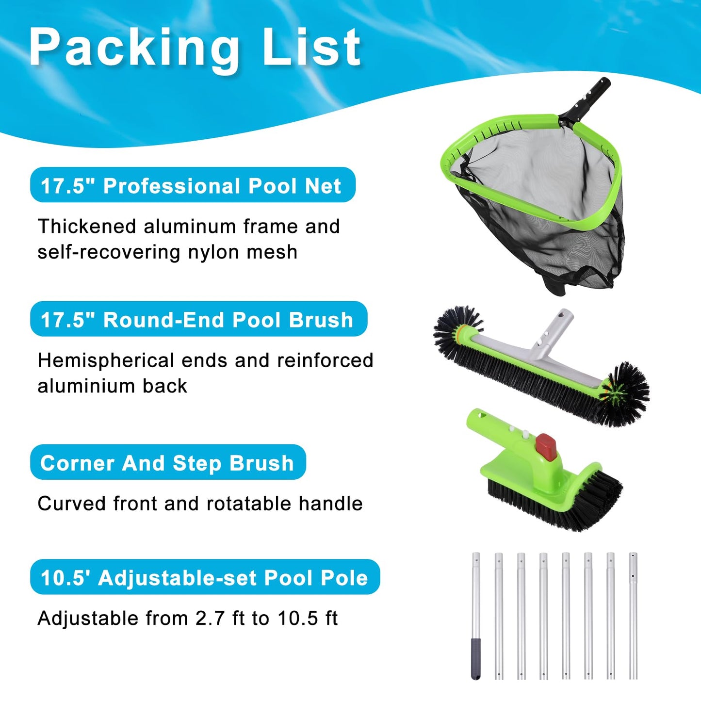 Sepetrel Deluxe Swimming Pool Cleaning Kit Including Professional Leaf Skimmer Net, 17.5" Pool Brush Head,Scrub Brush and 10.5 FT Pole