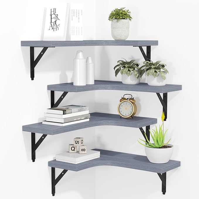 ROMGUAR CRAFT Corner Floating Shelves Wall Mounted Set of 4, Rustic Wood Storage Display Shelves for Home Decor, Bathroom, Kitchen, Bedroom, Living Room, Office (Grey)