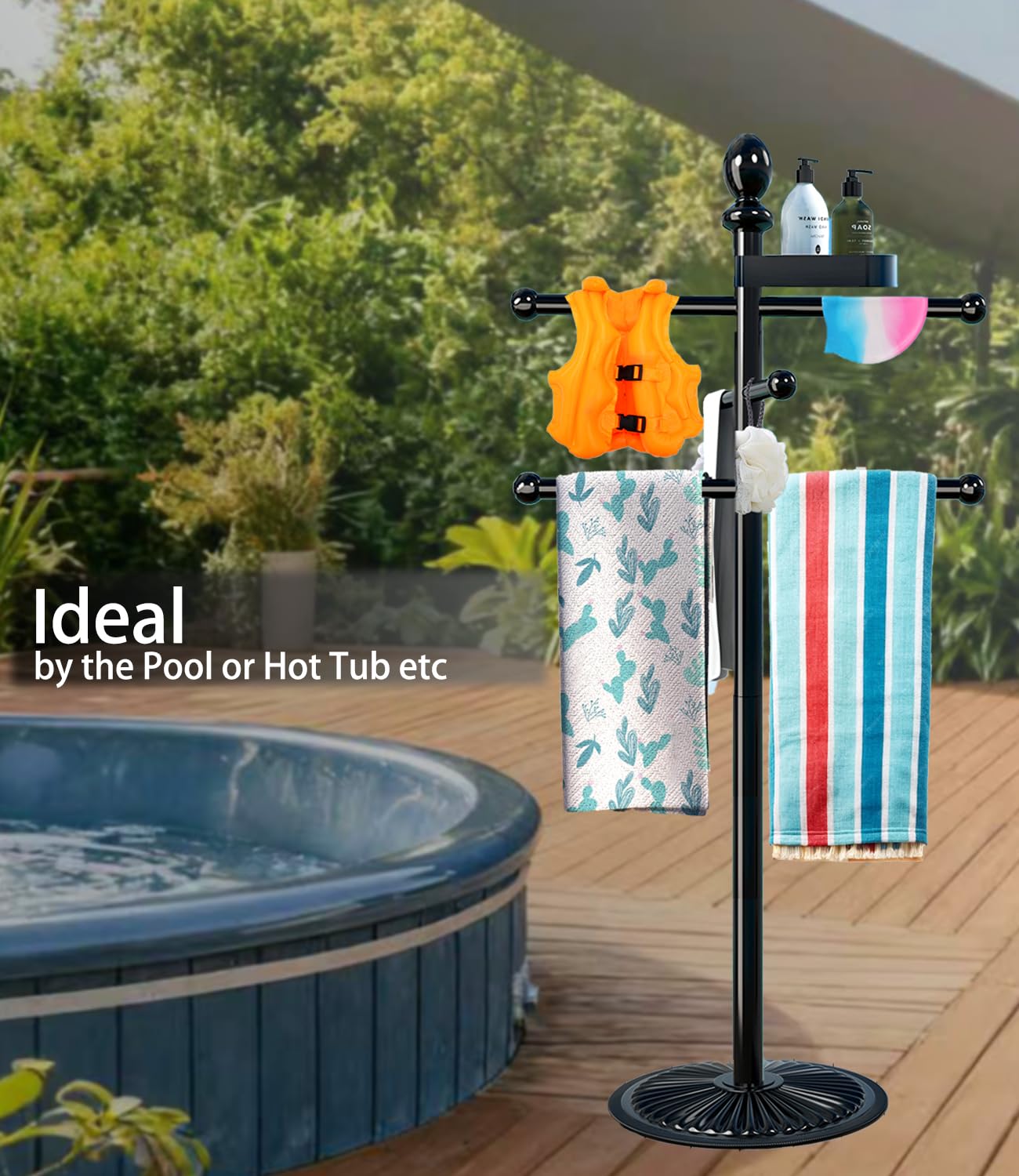 Pool Outdoor Towel Rack, Metal Heavy Duty Never Tilt Pool Accessories with Heavy Metal Base, 6 Bars Hot Tub Accessories Towel Dying Rack Towel Stand for Pool, Spa