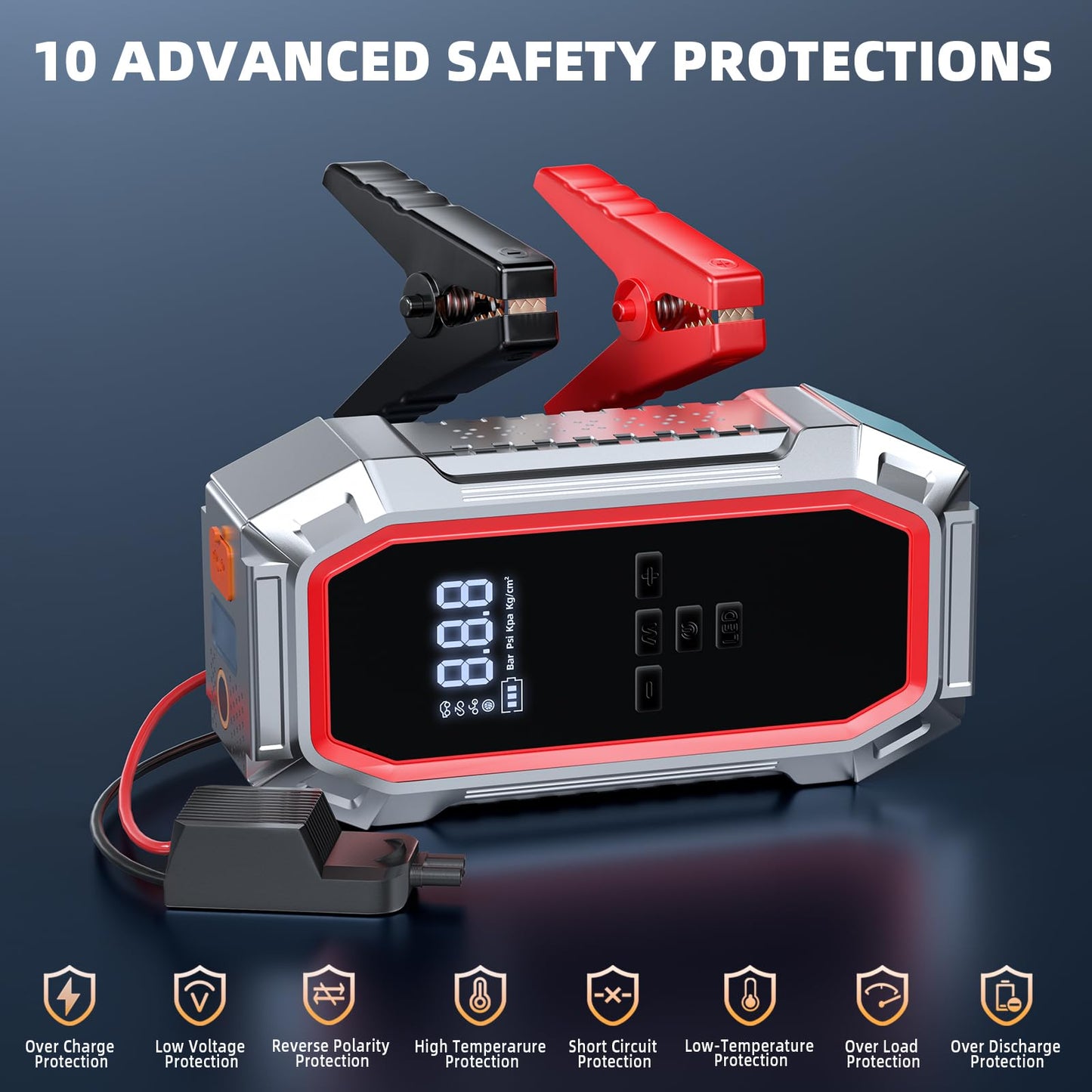 Jump Starter with Air Compressor, 5000A Peak Car Battery Jump Starter(9.0 Gas/8.0L Diesel), 160PSI 12V Jump Box Car Battery Jumper Starter Portable with Smart Jumper Cables, LED Lights, LCD Display
