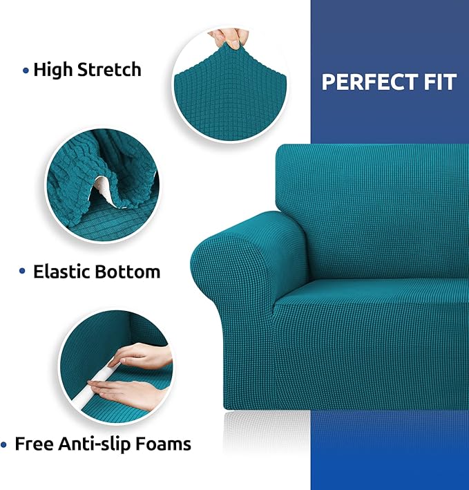 KEKUOU Stretch Sofa Cover Slipcover ，Couch Covers for 3 Cushion Couch Sofa pet Friendly (78"-94") Furniture Protector Sofa with Elastic Bottom for Kids,Dog, Jacquard Small Checked(Large,Peacock Blue)