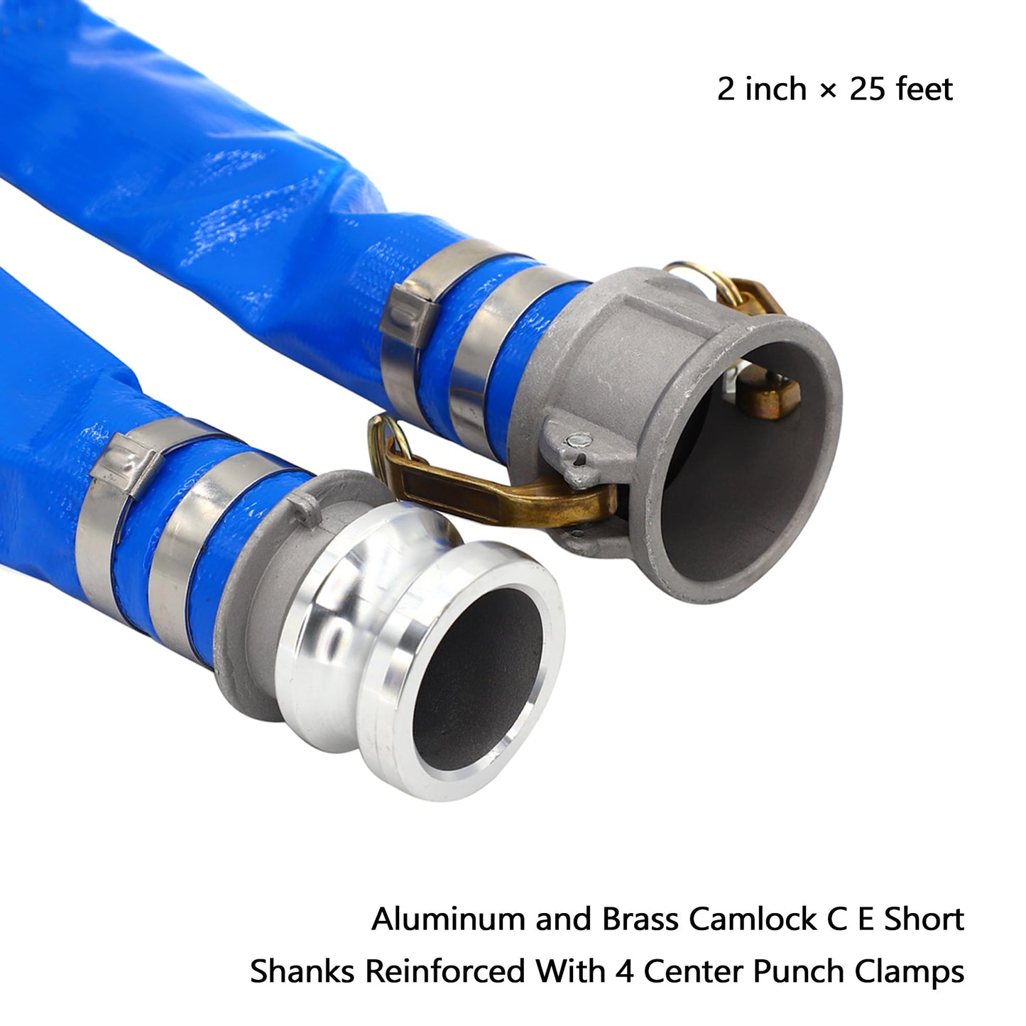 DAVCO 2" ID × 25 ft Pool Backwash Hose, Heavy Duty Reinforced Blue PVC Lay Flat Water Discharge Pump Hoses For Swimming Drain Pools and Clean Filters, with Aluminum Camlock C and E Fittings