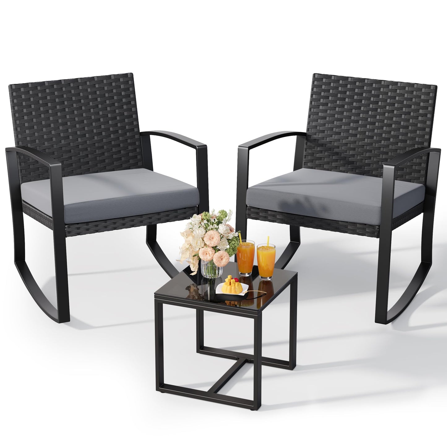 Qsun 3 Pieces Patio Furniture Set Rocking Bistro Set Outdoor Rattan Conversation with Coffee Table for Garden Balcony Backyard Poolside (Grey Cushion)