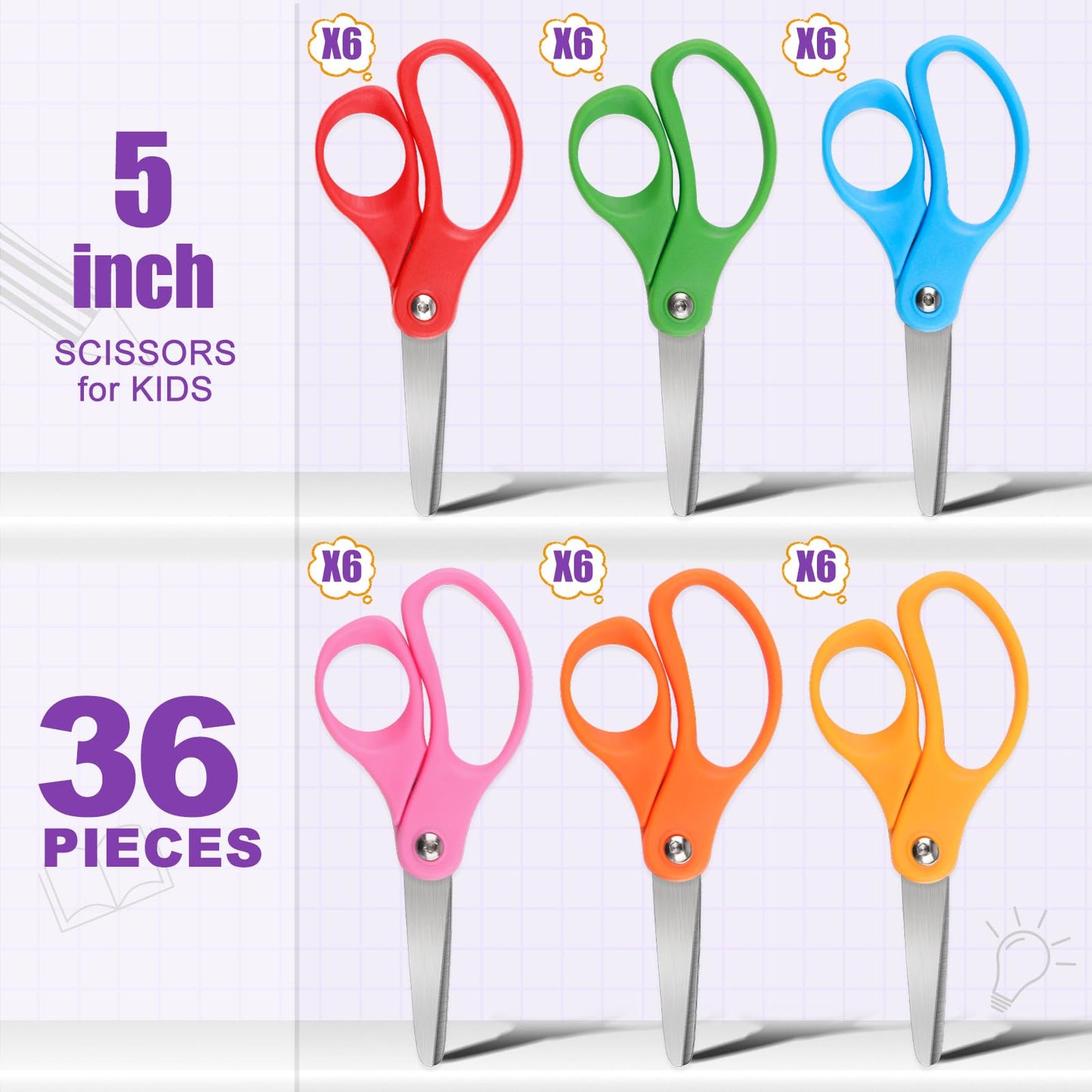 36 Packs Kids Scissors, Scissors for School, Safety Blunt Tip 5 Inch School Student Blunt Tip Kids Craft Safety Comfort Grip for Children Cutting Paper