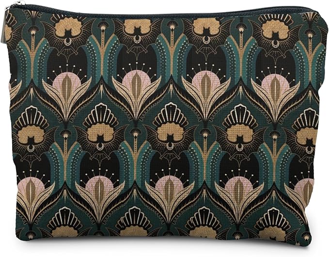 Witchy Goth Makeup Bag, Vintage 1920s Bats and Flowers Aesthetic Cosmetic Toiletry Bag for Women