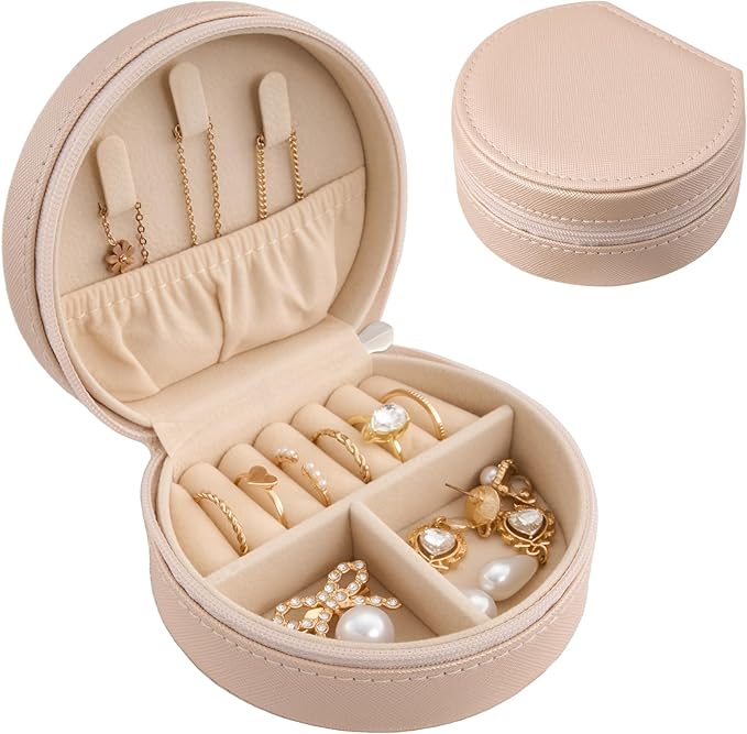 ProCase Travel Size Jewelry Box, Mini Portable Seashell-Shaped Jewelry Case, 2 Layer Organizer in PU Leather for Women -Champagne