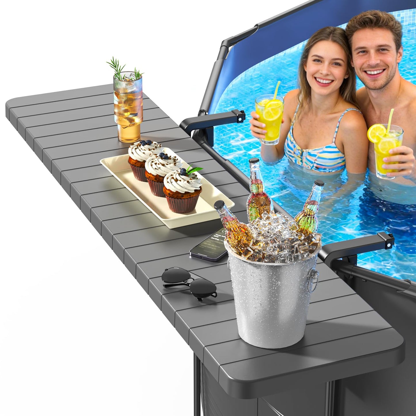 Hyperzoo Pool Bar for Above Ground Pools, Stable Poolside Drink & Snack Table Supports Up to 110 lbs, Rust-Free ABS Poolside Bar Fits ≤4.4” Rails for Framed Round & Oval Pools, Ideal for Pool Parties
