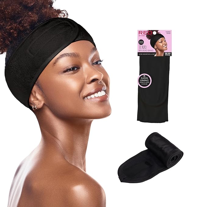 Red by Kiss Spa Headband for Washing Face, Adjustable Velcro Wrap Facial Makeup Hair Band Silky Satin Lining Terry Clothe for Shower Bath Washing Mask Sport Yoga (Black)