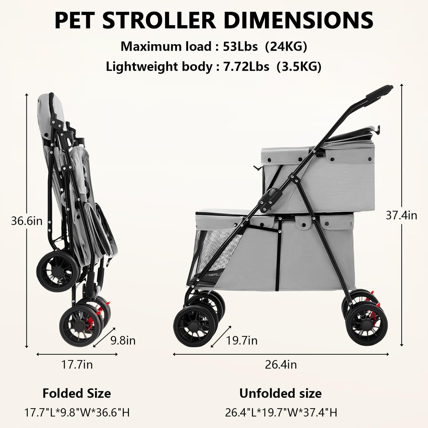 Double Pet Stroller for Medium Small Dogs and Cats with 2 Carriage, Durable Universal Wheels with Brakes Lightweight One Hand Foldale Kittens Puppies Travel Strolling Cart (Gray)