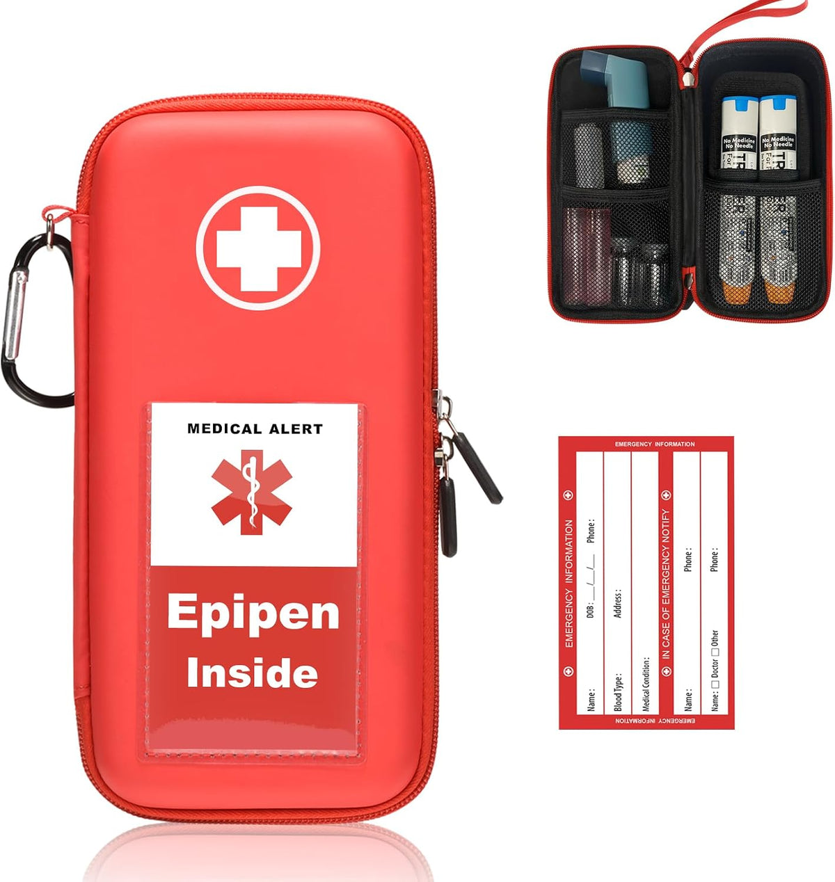 EpiPen Carry Case, Hard Emergency Medical Bag with Carabiner-for 2 EpiPens, Asthma Inhaler, Auvi-Q,Eye Drops,Anti-Histamine,Allergy Medication,Diabetes Travel Case for Adults and Kids