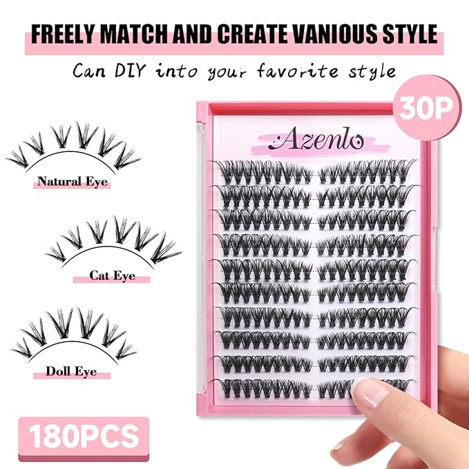 Azenlo Natural Lash Clusters Kit Wispy Eyelash Clusters 120 pcs Cluster Eyelash Extensions C Curl Individual Lashes 10-16 mm Mix Length Natural Look (Left&Right 30D KIT 120Pcs)