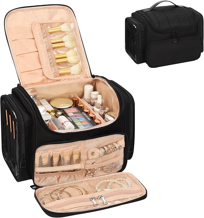 Large Makeup Bag with Jewelry Organizer, Travel Toiletry Bag for Women Girls with Makeup Brush Compartment & Two Side Pockets - XL Black