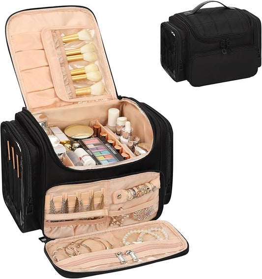 Large Makeup Bag with Jewelry Organizer, Travel Toiletry Bag for Women Girls with Makeup Brush Compartment & Two Side Pockets - XL Black