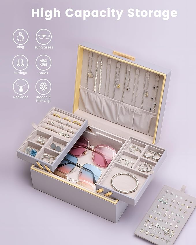 Lolalet Jewelry Box Organizer for Women Girls, 2 Layer Jewelry Organizers and Storage for Necklace Earrings Rings Bracelets, Large Jewellery Holder Case Birthday Valentine Gifts -HazePurple