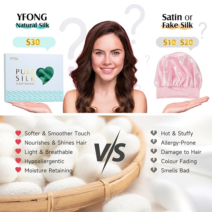 YFONG 100% 22 Momme Mulberry Silk Bonnet for Sleeping Women, Larger Double Layer Silk Hair Wrap for Curly Short Long Hair, Non-Slip Sleep Shower Cap Turban with Elastic Tie Band, Deep Green