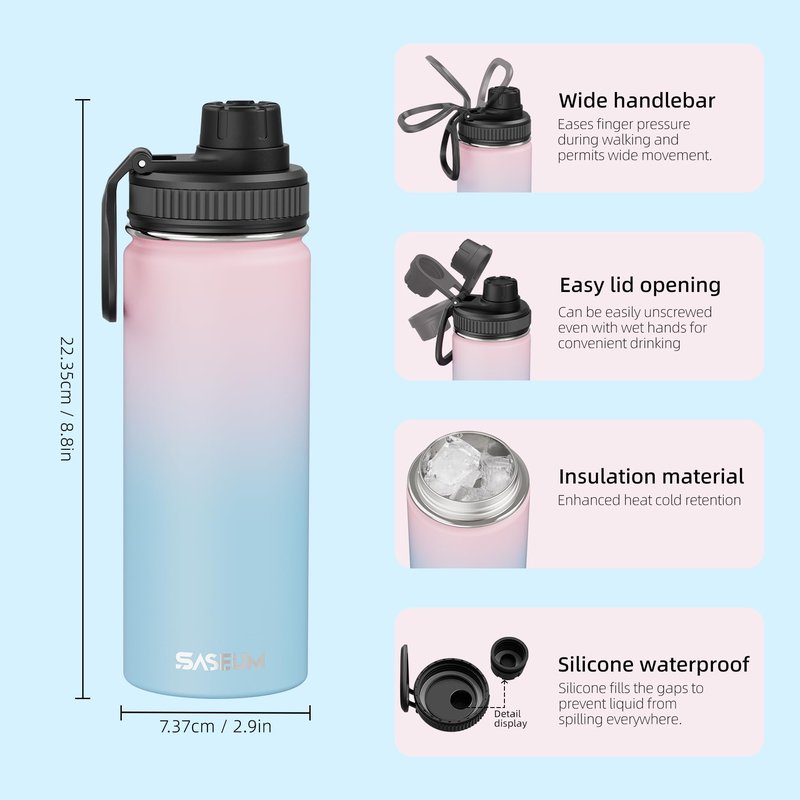 SASEUM Sport Water Bottle 18oz Stainless Steel Double Wall Vacuum Thermal Mug with Leak Proof Spout Lids, Wide Mouth Metal Insulated Water Jug for Gym and Travel（Blue Pink）