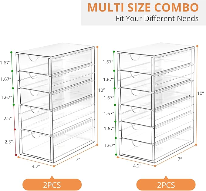 Makeup Drawer Storage Organizer with 22 Drawers, 4 Set Acrylic Office Desk Organization and Storage, Dustproof Drawer Organizer for Makeup, Office, Countertop, Jewelry, Pen, Desktop, Bathroom, Bedroom