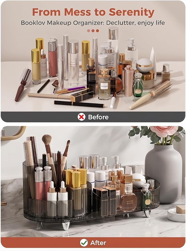 Booklov Rotating Makeup Organizer for Vanity, Large Capacity Cosmetic Display Case, Clear Acrylic Countertop Beauty Storage Holder for Skincare, Brush Eyeshadow Lipstick, Counter Desk, Crystal Black