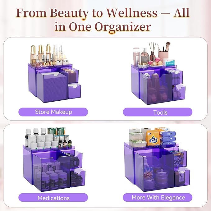Youdepot Purple Acrylic Face Towel Holder with 3 Drawers, Disposable Face Towel Organizer for XL Facial Towels, Cotton Pads, Swabs, Skincare Tools, Bathroom Vanity Countertop Storage Box.