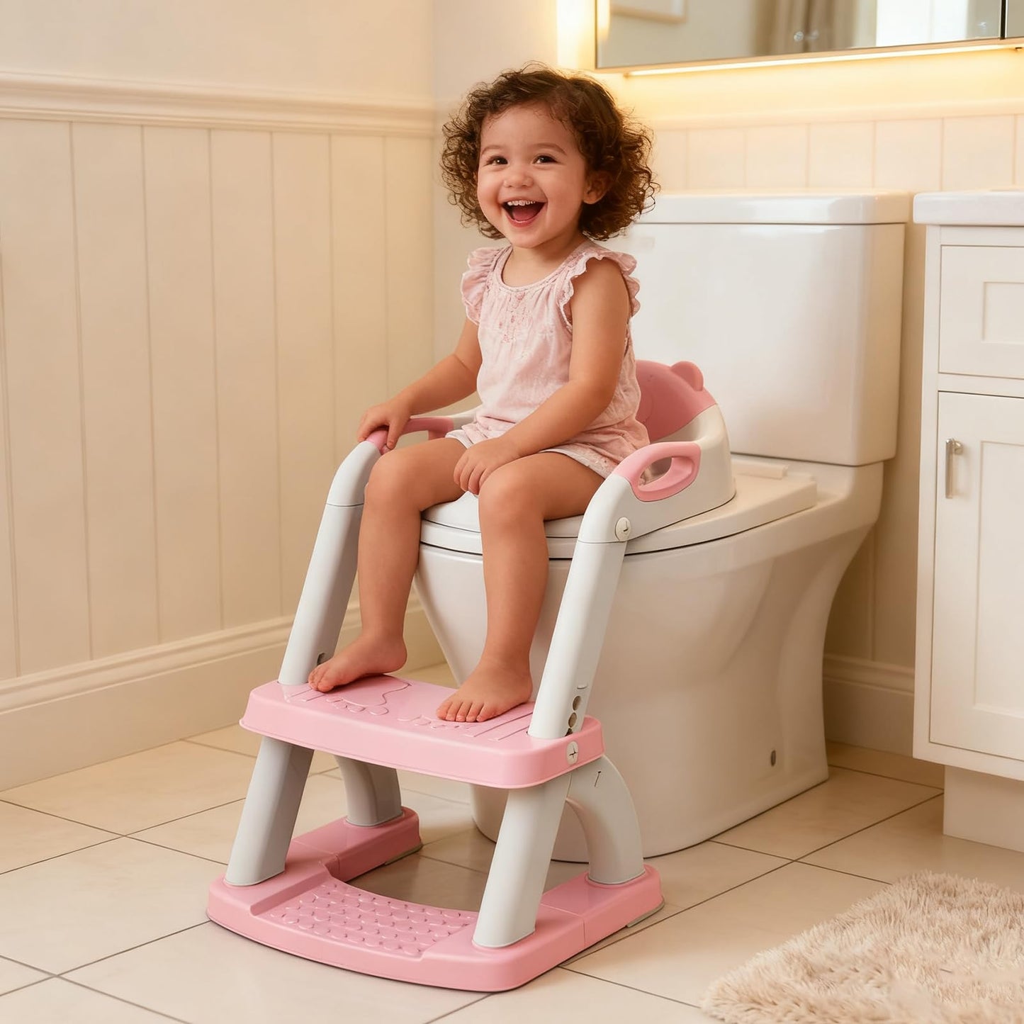 Potty Training Seat, SKYROKU Upgrade Toddler Toilet Seat for Kids Boys Girls, 2 in 1 Potty Training Toilet, Splash Guard Anti-Slip Pad Step Stool,New Sector-Shape Stabilized Base (8899+Pink)