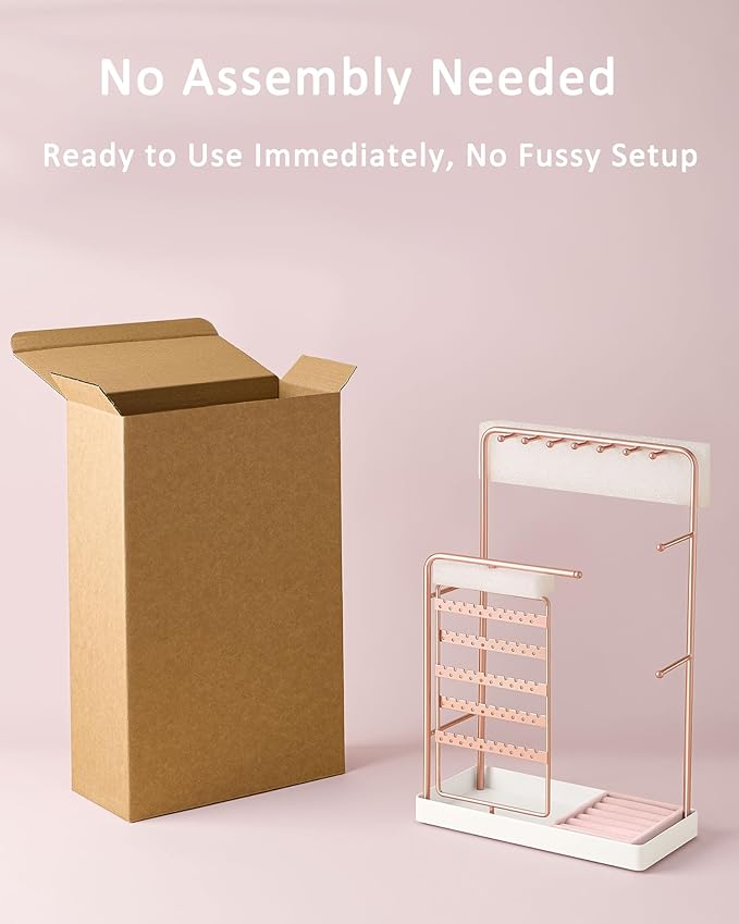 ProCase Jewelry Stand Holder Organizer, Jewelry Display Storage with Ring Tray, No-Assembly, Rotating Earring Bracelet Necklace Holder, Valentine's Gifts Room Dorm Decor for Teen Girls -Rosegold