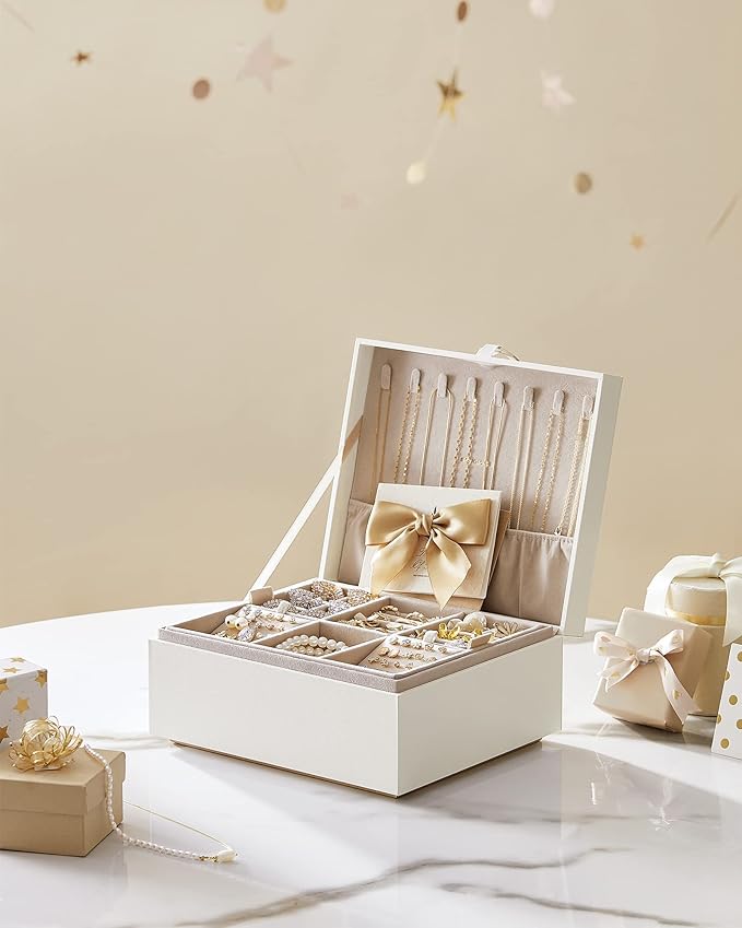 SONGMICS 2-Layer Jewelry Box, Jewelry Organizer with Handle, Removable Jewelry Tray, Jewelry Storage, Floating Effect, 8.1 x 9.4 x 4.3 Inches, Gift Idea, White UJBC165W01
