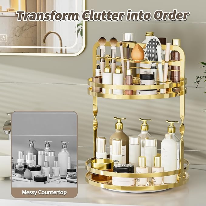 360ÃÂ° Rotating Makeup Organizer, 2-Tier Gold Perfume Organizer for Dresser, Bathroom Organizers Countertop, Perfume Shelf with Makeup Brush Holder, Skincare Holder Cosmetic Display(Gold)