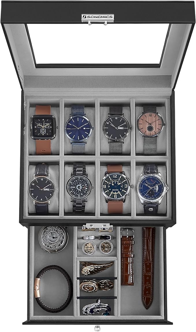 SONGMICS Watch Box, 8-Slot Watch Case Organizer with Large Glass Lid, 2 Layers, Removable Pillows, Metal Lock, Gift for Loved Ones, Black Synthetic Leather, Greenish Gray Lining UJWB080G01