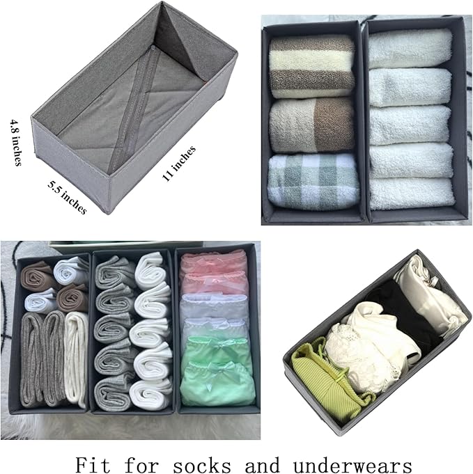 Sock Drawer Organizer 3 Pack - Collapsible Fabric Storage Bins for Underwear Divider, Small Closet Organizers with 3 Compartments, Gray