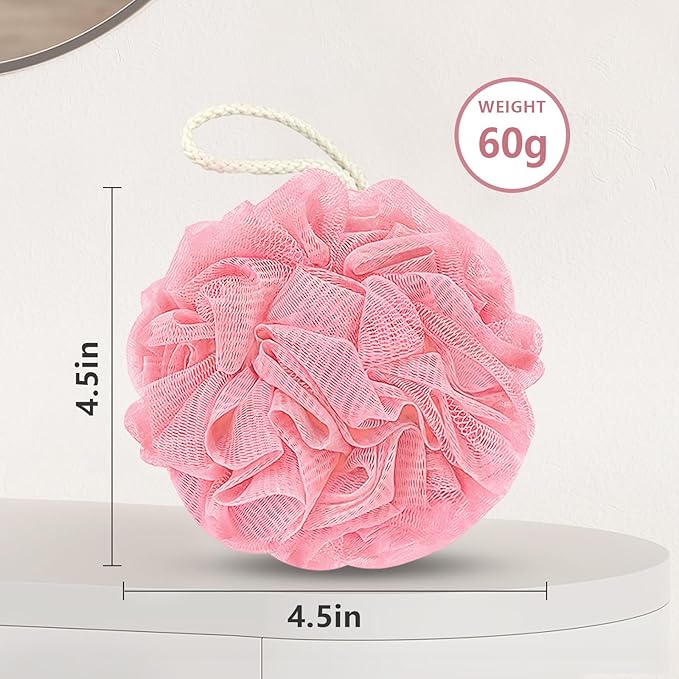 Rnoafmu Shower Loofah Bath Sponge, 60G Loofah Exfoliating Body Scrubber, 4 Color Mesh Shower Pouf Balls for Body Wash (Pink Green White Gray)
