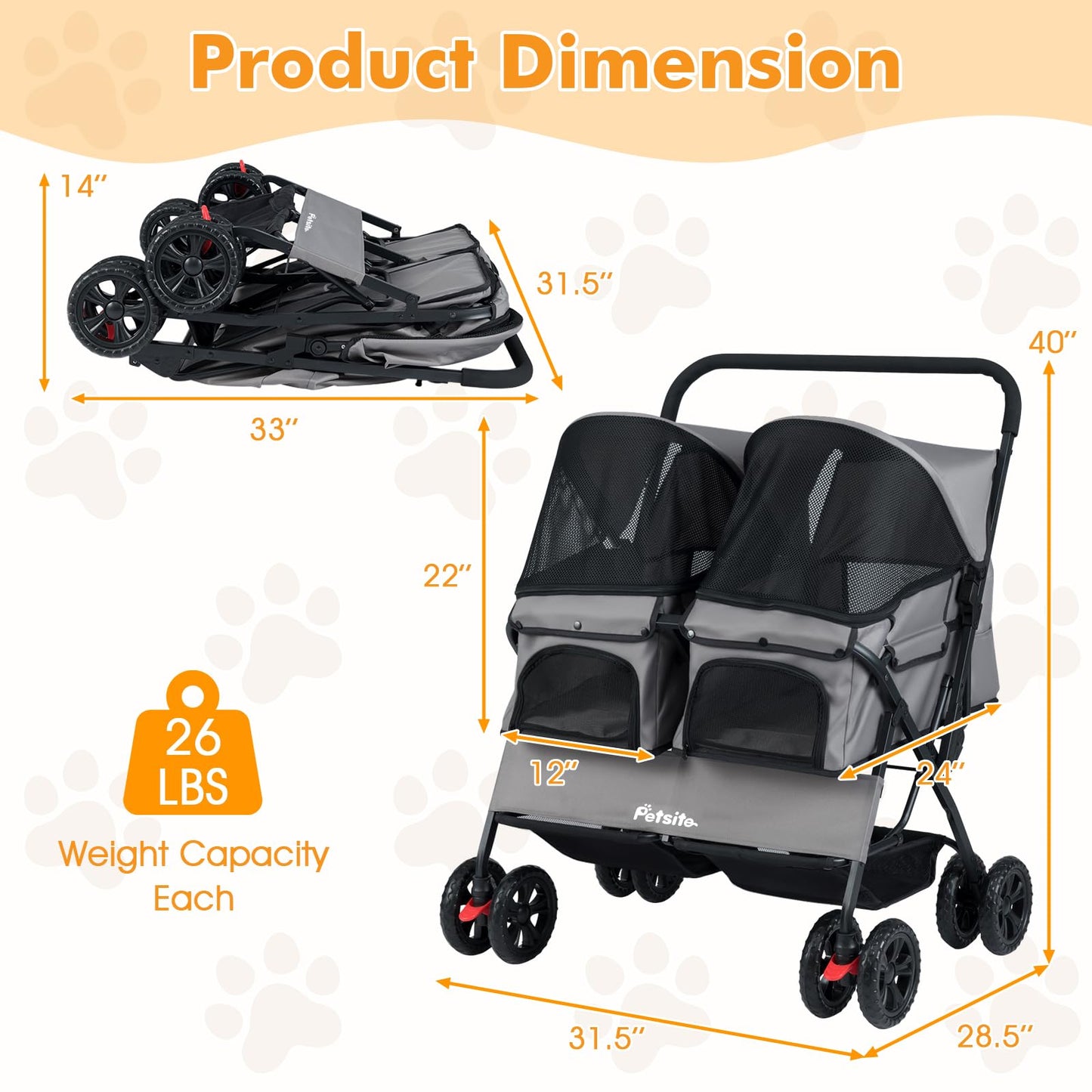 PETSITE Double Pet Stroller, Foldable Double Dog Stroller with 2-Seater Carrier, Adjustable Sunshade, Removable Pad, Safety Belt, Storage Basket, 4-Wheel Pet Travel Cart for 2 Puppies & Cats (Grey)